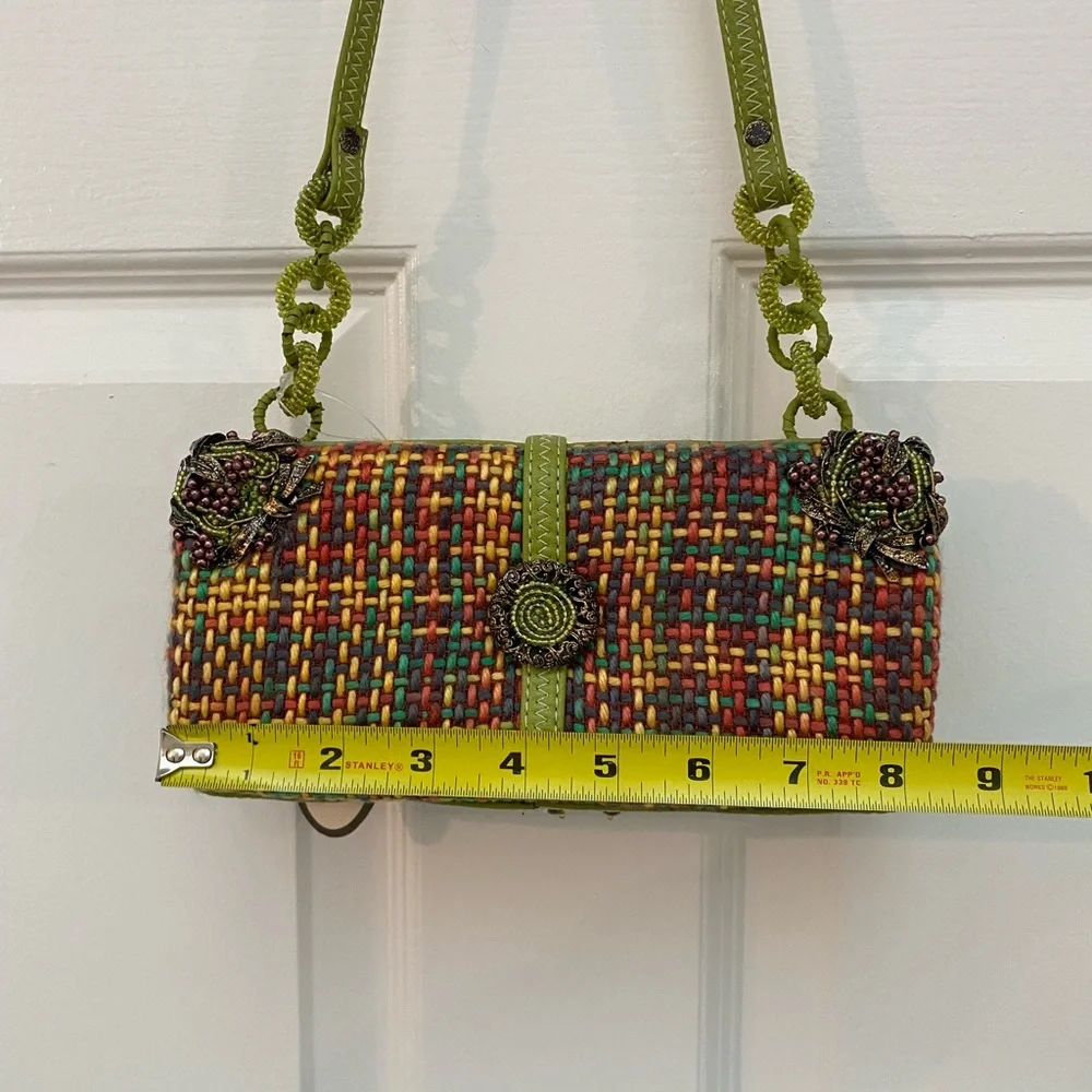 NWT! Mary Frances Green Beaded Bejeweled Collectible Floral & Plaid Shoulder Bag